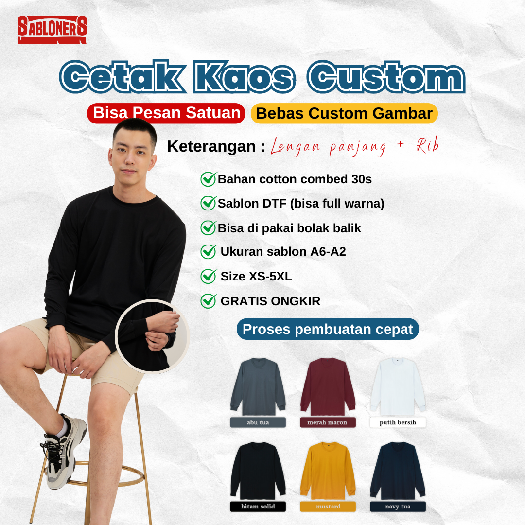 Kaos Polos Panjang Dewasa Rib 100% Cotton Combed 30s - Gambar 2